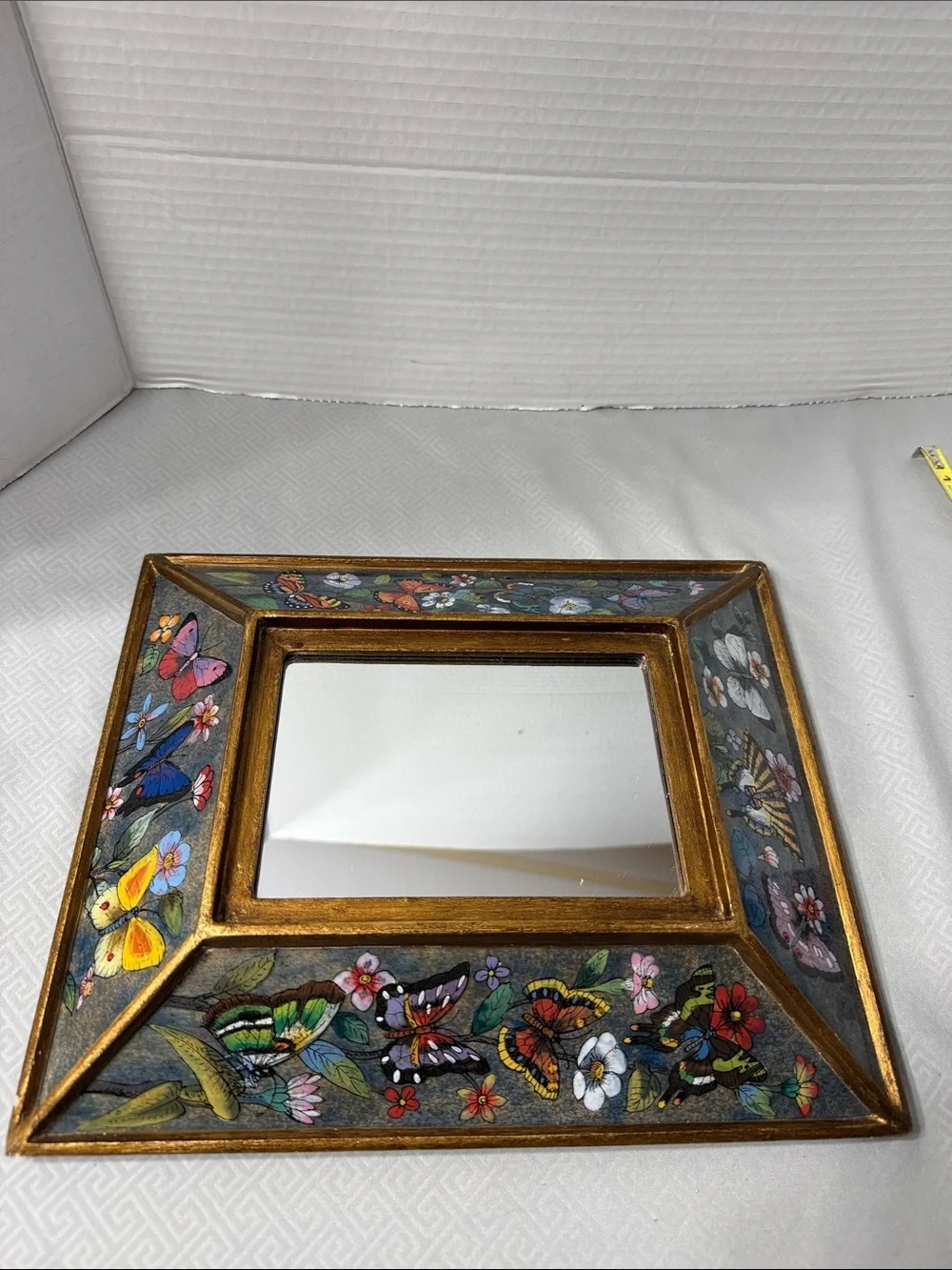 Vtg Peruvian Reverse Painted Mirror Vibrant Color Intricate Floral & Butterflies